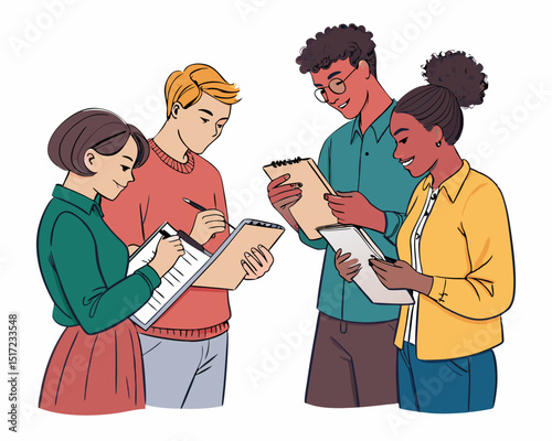 Create a bold vector illustration of a diverse team brainstorming, showcasing innovative ideas.  Focus on thick outlines and vibrant colors.