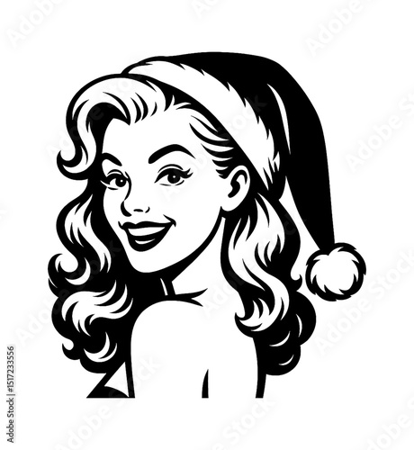 Pinup Caucasian Woman with Christmas Hat Smiling and Looking Over Shoulder in Black and White Vector
