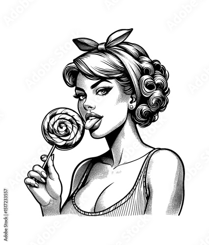 Pinup Woman Holding Lollipop, Licking it with Pierced Nose in Engrave Detailed Line Art