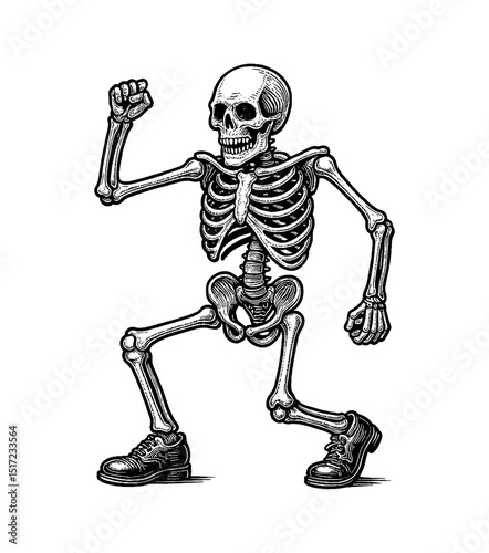 Skeleton Running with Shoes Illustration in Detailed Black and White Line Art Drawing