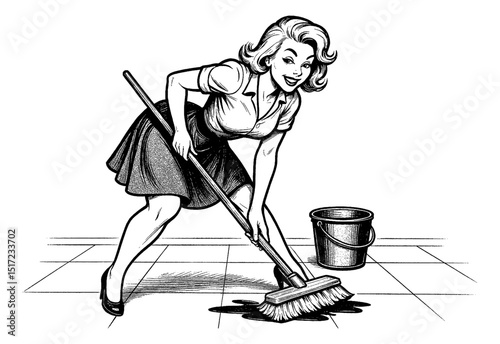 Smiling Caucasian Woman Sweeping Floor with Broom and Bucket in Black and White Illustration Style
