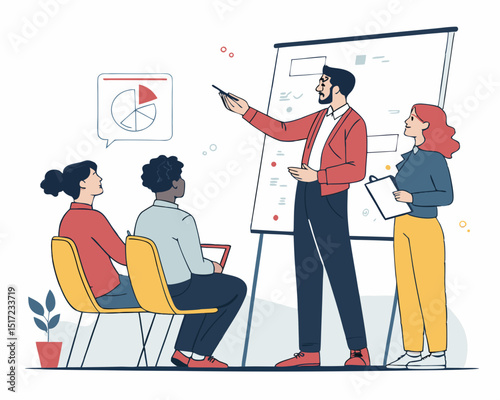 Create a bold, vector illustration of a confident team leader presenting to a group.  Focus on strong lines and a powerful pose.