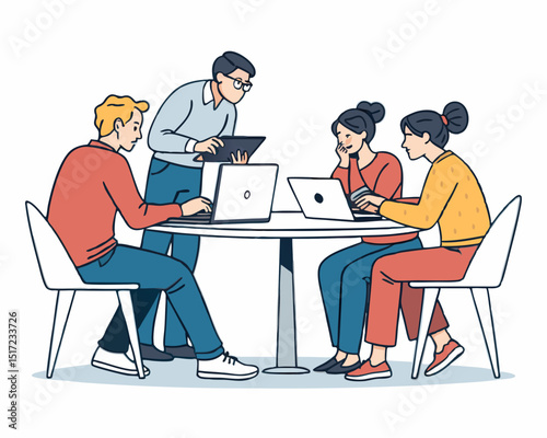 Create a bold, vector illustration of a diverse team collaboratively working on a laptop, emphasizing teamwork and digital collaboration.