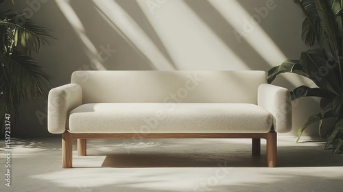 Minimalist light beige couch in a sunlit room.