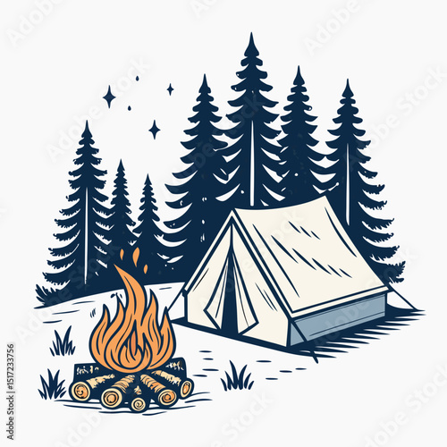 Create a bold vector illustration of a camping tent and a roaring bonfire, suitable for a logo or sticker design.  Focus on strong outlines and a minimalist style.