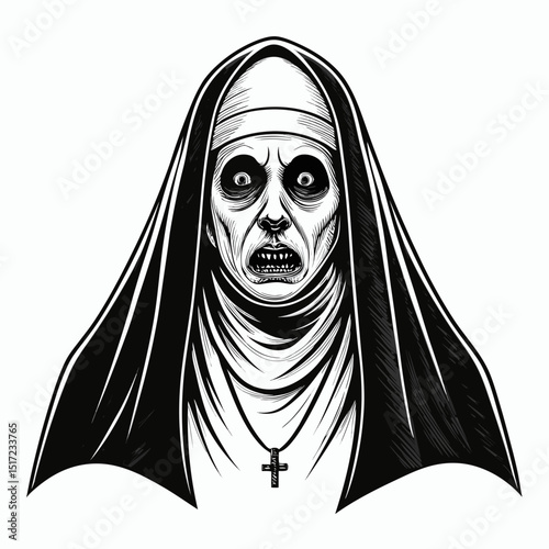 Design a bold, vector illustration of a terrifying, stylized ghost figure with a pronounced, thick outline.  Focus on a chilling, impactful visual.
