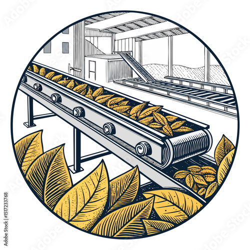Create a bold, vector illustration of a tobacco conveyor belt system, emphasizing industrial strength and mechanical detail.