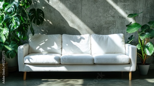 Interior living room scene with white couch and plants.