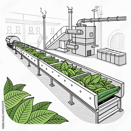 Create a bold, vector illustration of a tobacco conveyor belt, emphasizing industrial machinery.