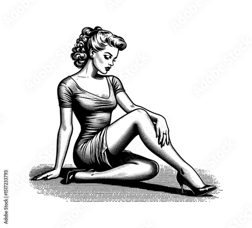 Vintage Pinup Woman Sitting and Posing in Dress and High Heels with Engrave Style