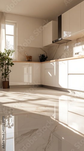 Bright sunlight reflects off a glossy marble kitchen floor with minimalist white cabinets generative ai