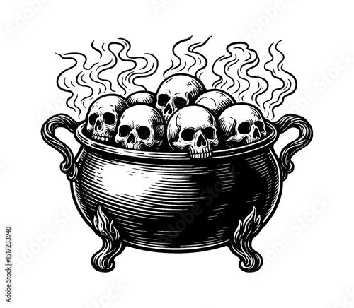 Engraved Illustration of Cauldron with Skulls and Smoke for Halloween