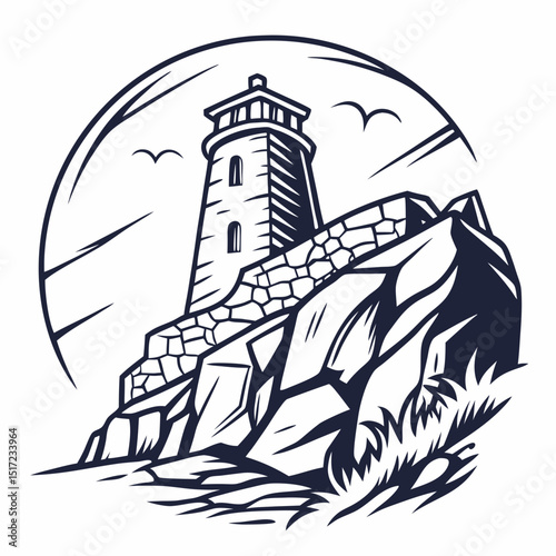 Monochrome Lighthouse on Rocky Coastline with Birds in a Circular Frame