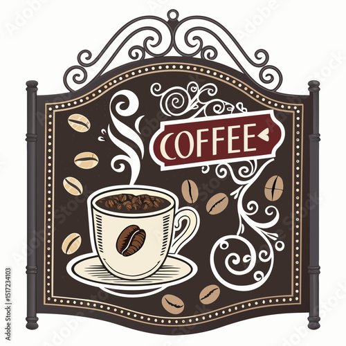 Design a bold, vector illustration of a vintage coffee advertisement featuring retro typography and imagery.  Include rich brown and cream color palette.