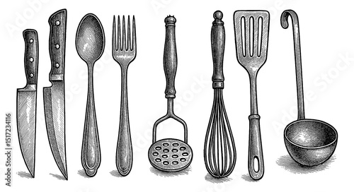 Collection of Kitchen Utensils Illustration in Engrave Style on White Background