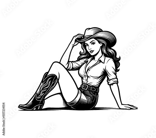 Attractive Caucasian Woman in Cowgirl Outfit Sitting in Pinup Style Black and White Line Art
