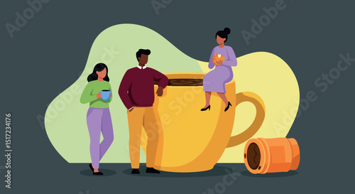 Group of diverse people near giant yellow cup and spilled pill bottle illustration vector 