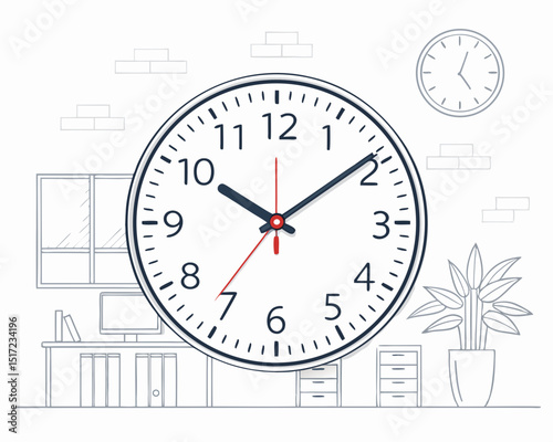 Create a bold, vector illustration of a classic wall clock with thick strokes, suitable for office décor.  Focus on clean lines and a minimalist style.