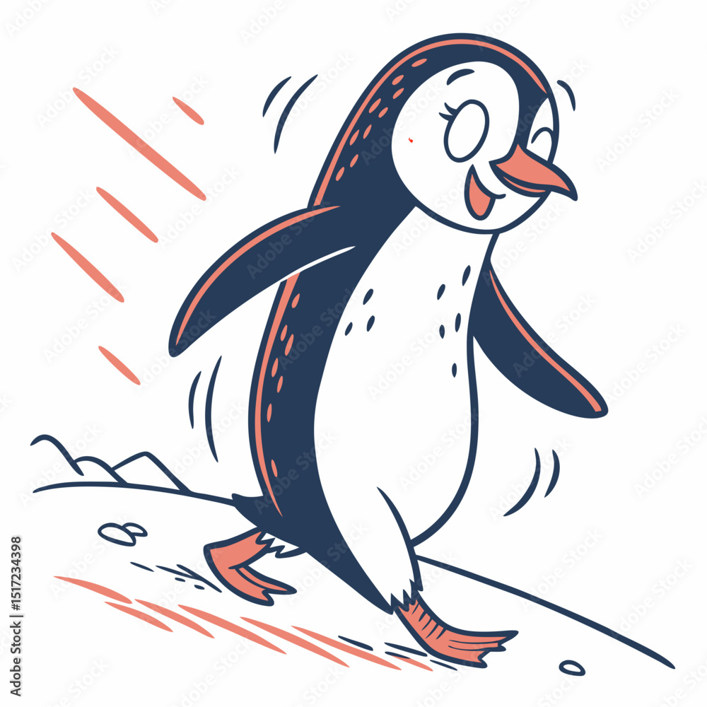 Naklejka premium Happy Cartoon Penguin Walking on Snowy Ground with Motion Lines