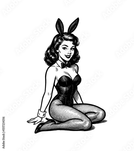 Smiling Woman in Bunny Costume Sitting with Knee Up Pinup Style Black and White Illustration