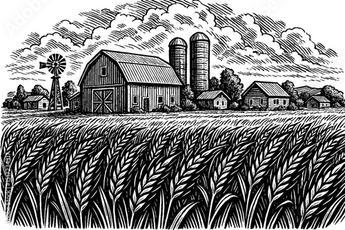 Farm scene with barn, silos, windmill and wheat field in detailed woodcut black and white illustration