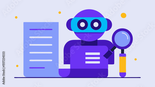 AI Document Review An AI robot examining a stack of legal documents with a magnifying glass highlighting important sections with colorful markers.