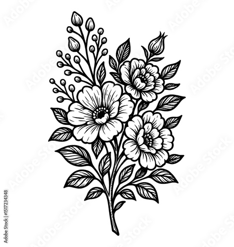 Black and White Line Art Illustration of Flower Bouquet with Blooming Flowers and Leaves