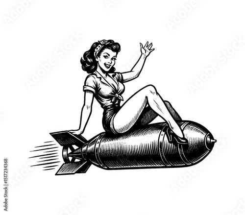Cheerful Pinup Woman Sitting on Bomb Waving Hand Black and White Illustration