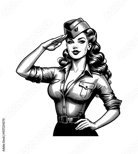 Beautiful Caucasian woman in military uniform saluting with a smile in vintage pinup illustration
