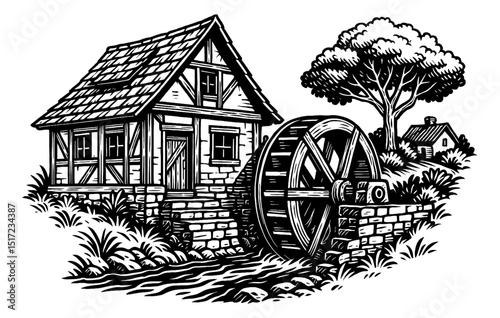 Engraved illustration of a watermill house, with a wheel and trees, in a rural environment