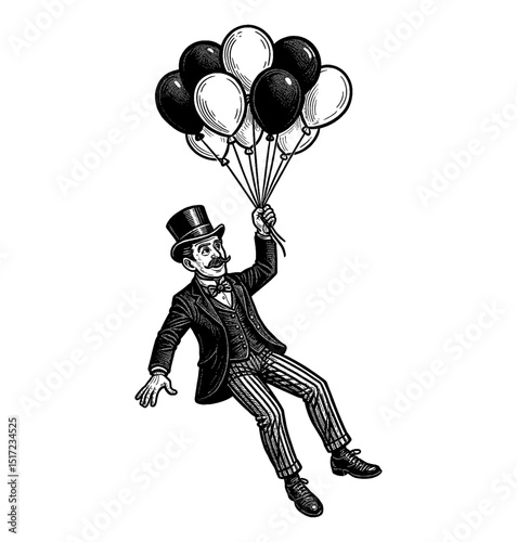 Engraved Illustration of a Man Floating with Balloons Wearing Suit Bowler Hat and Pinstripe Pants