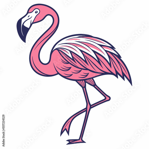 Stylized Pink Flamingo Illustration with Dark Blue Outlines and White Accents