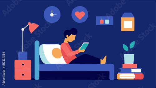 Bedtime Shopping A person lying in bed propped up on pillows looking at deals on their smartphone. Nightstand items like a lamp and a book complement floating SALE icons.