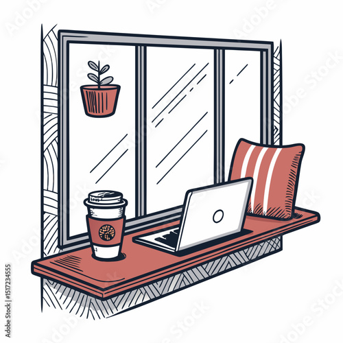 Create a bold vector illustration of a cozy window seat, emphasizing thick outlines.  Include cushions and a view.