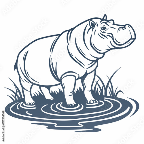 Stylized Hippopotamus Standing in Water with Grass Line Art Illustration
