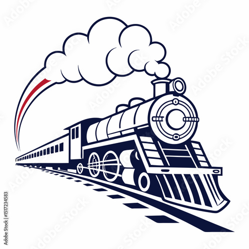 Vintage Steam Train Illustration with Smoke and Red Accent on White Background
