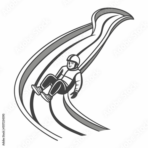 Monochrome Illustration of a Person Sliding Down a Water Slide with a Helmet