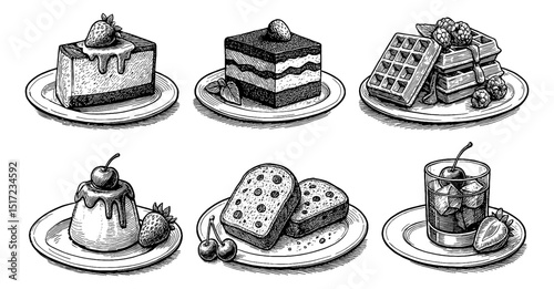 Hand Drawn Illustration of Various Desserts on Plates in Black and White Style