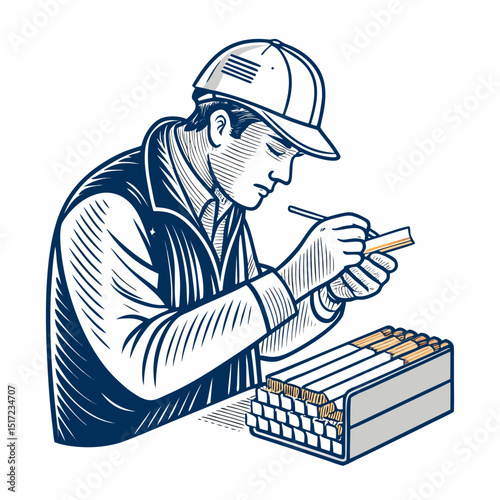 Create a bold vector illustration of a construction worker meticulously checking the quality of a building component.  Focus on strong lines and impactful design.