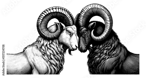 Two Rams Facing Each Other in Detailed Engraving Style, One White and One Black