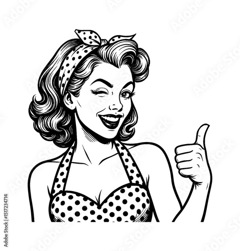 Smiling Pinup Woman with Polka Dots Showing Thumbs Up in Retro Vintage Black and White