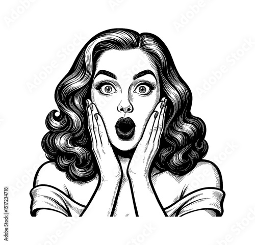 Surprised Woman with Open Mouth and Hands on Cheeks in Engraved Style