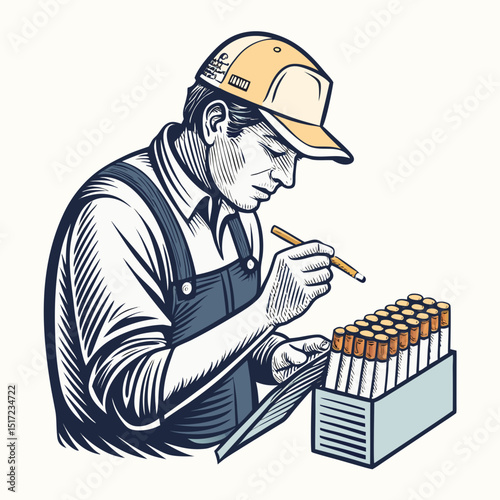 Create a vector illustration bold stroke artwork of a construction worker meticulously checking the quality of materials on a construction site.