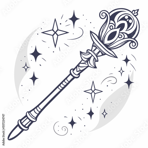 Elegant Magic Staff with Stars and Swirls Fantasy Illustration in Monochromatic Style