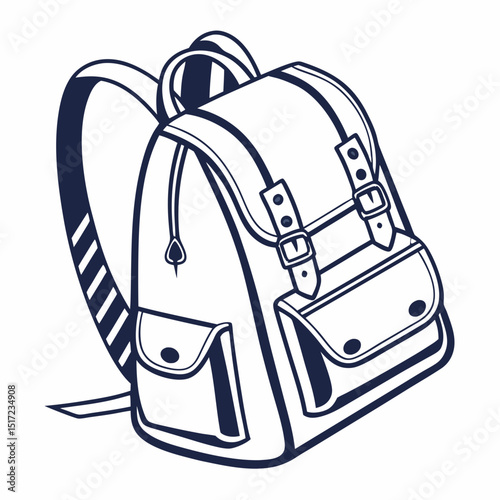 Detailed Line Art Illustration of a Classic Backpack with Buckles and Pockets