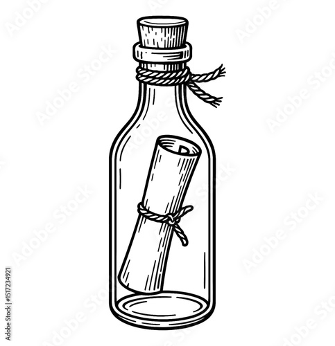 Message in a Bottle with Cork and Rope Black and White Line Art Illustration