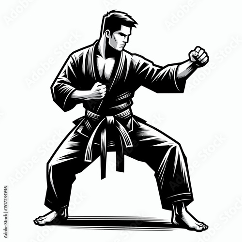 Male Martial Artist in Karate Stance Illustration