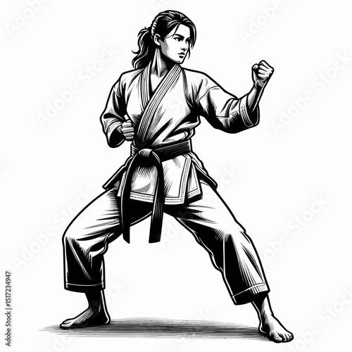 Female Martial Artist in Fighting Stance Illustration