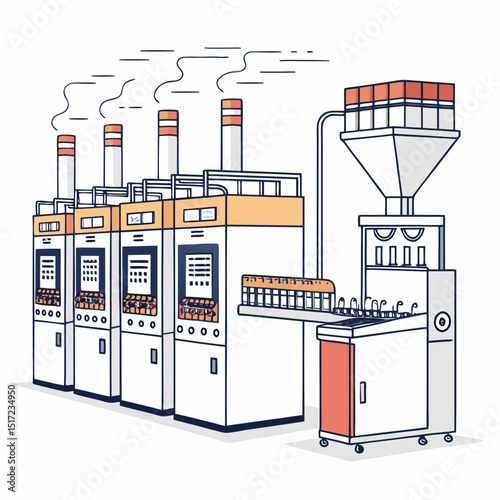 Create a bold vector illustration depicting the industrial process of cigarette production, highlighting machinery and the manufacturing stages.