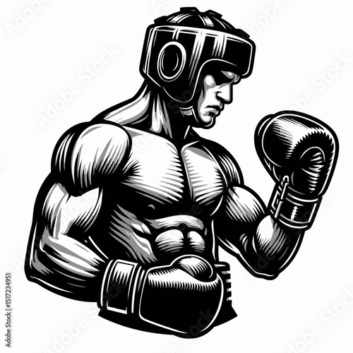 Boxer Illustration in Fighting Pose with Headgear